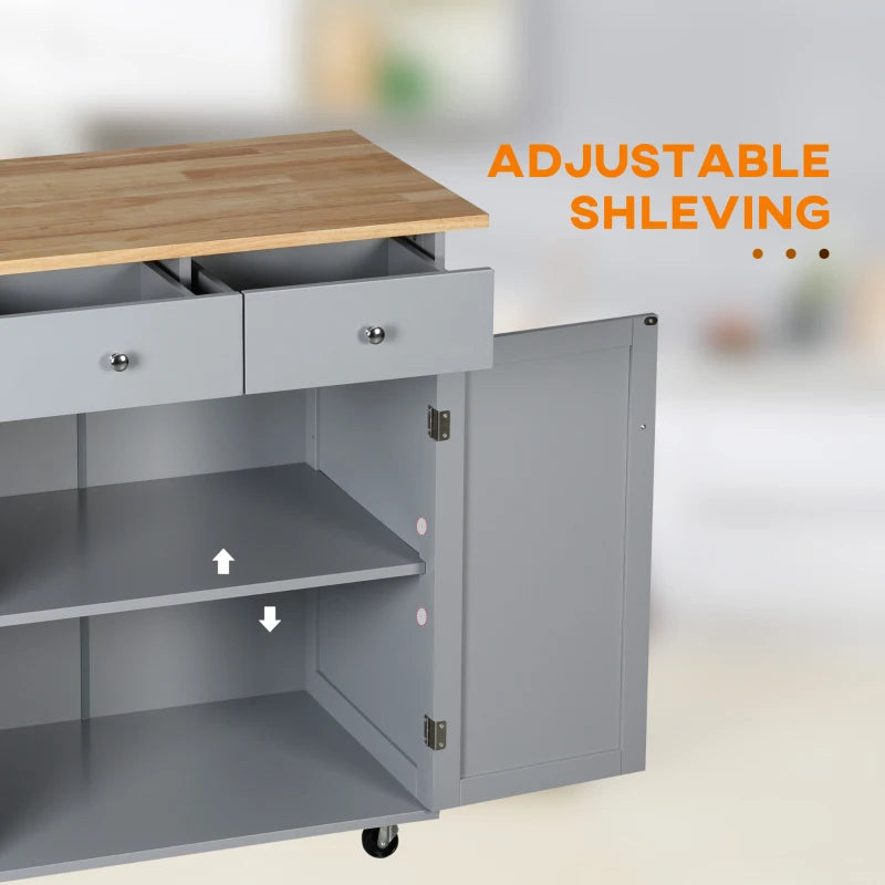 Rolling Kitchen Island on Wheels - Utility Serving Cart with Rubber Wood Top, Towel Rack, Hooks & Storage Drawers in Grey