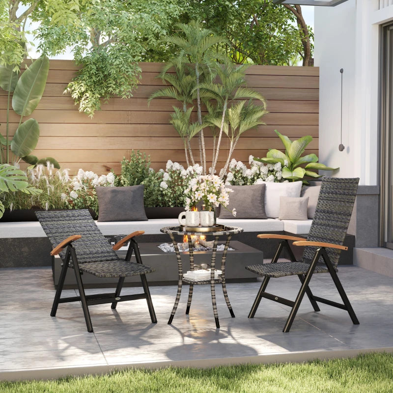 2-Piece Folding Rattan Garden Dining Chairs Set - 5-Level Reclining High Back, Wood Armrests, Outdoor Furniture - Mixed Grey