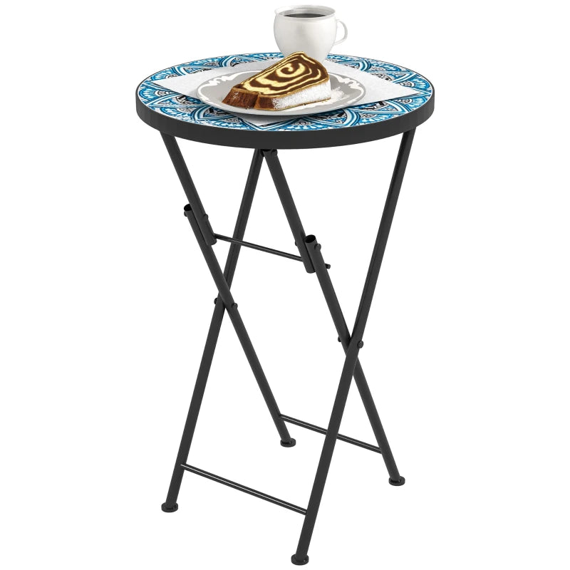 Mosaic Round Folding Garden Table, 35.5cm Blue Coffee Table for Balcony & Terrace