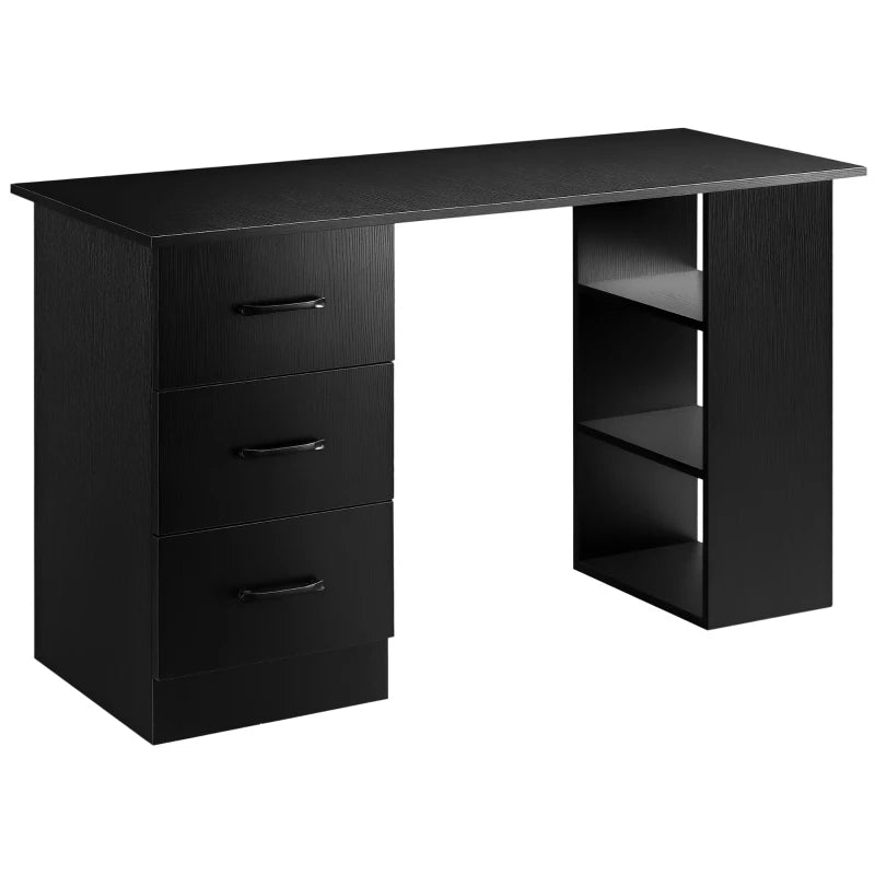 Modern Black Computer Desk with 3 Storage Shelves & Drawers - Stylish Writing Table for Home Office Workstation