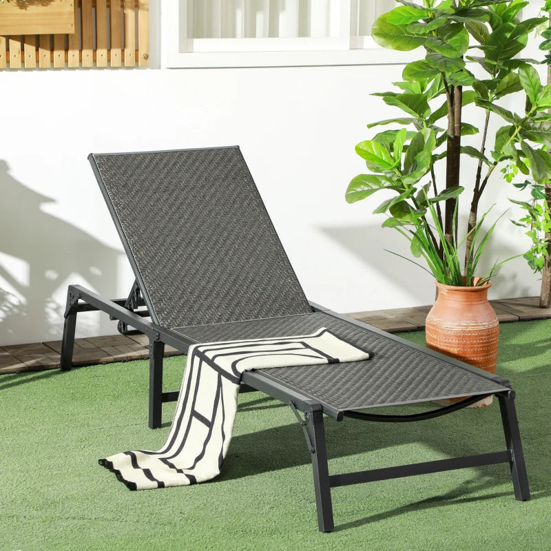 Grey Foldable Rattan Sun Lounger with Adjustable Backrest