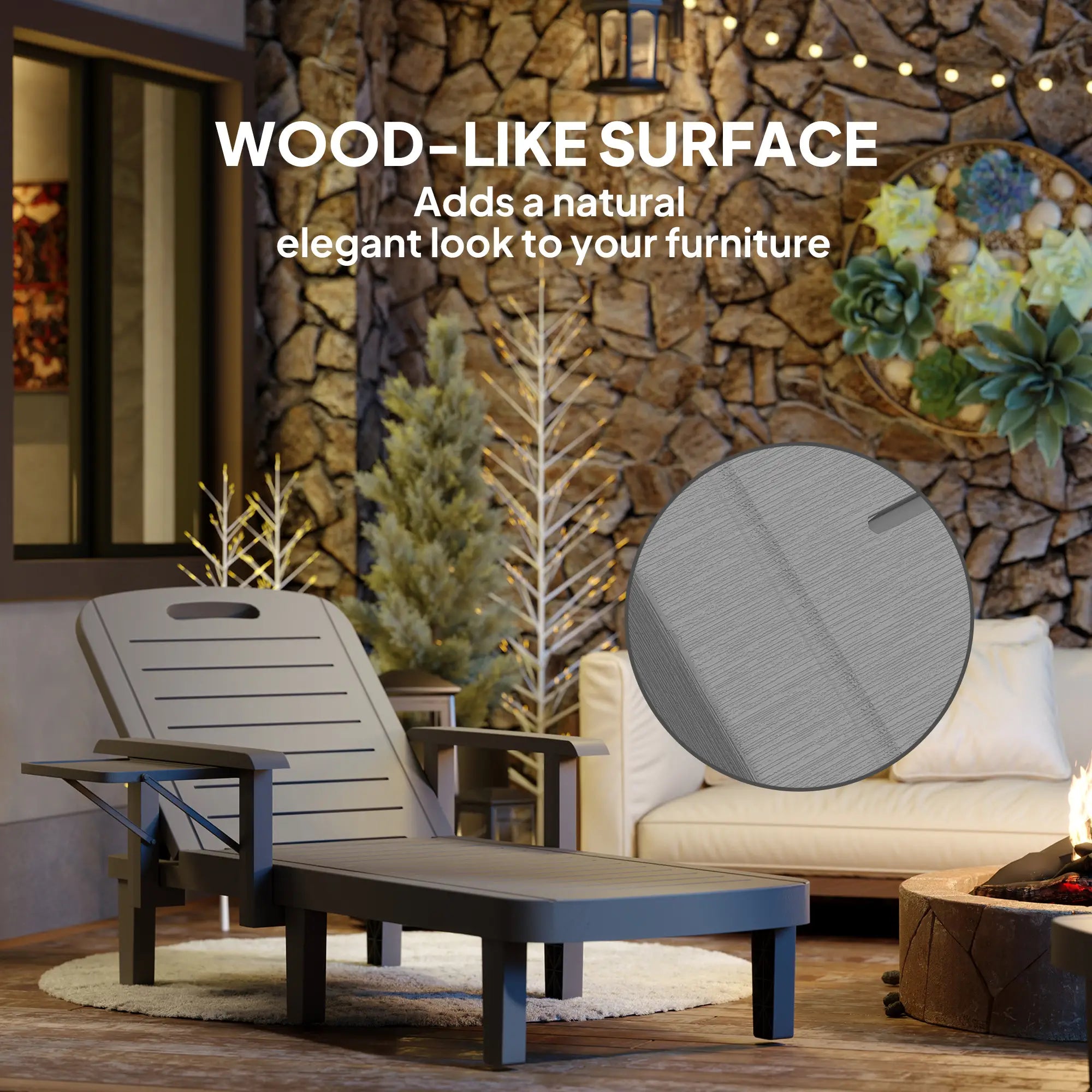 Set of 2 Resin Reclining Sun Loungers for Garden - 5 Positions - Outdoor Chaise Lounge Chairs with Wood Texture Surface, Armrests & Foldable Side Table