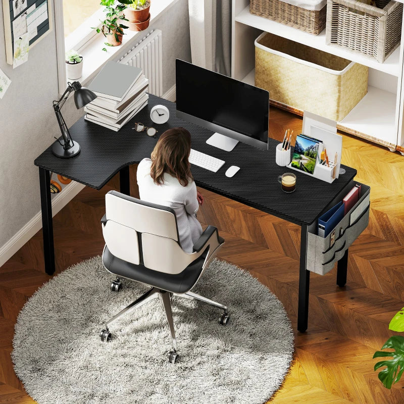 L-Shaped Gaming Desk with Fabric Bag, Hooks & Cable Management - 145x81x76cm - Stylish Black Computer Desk