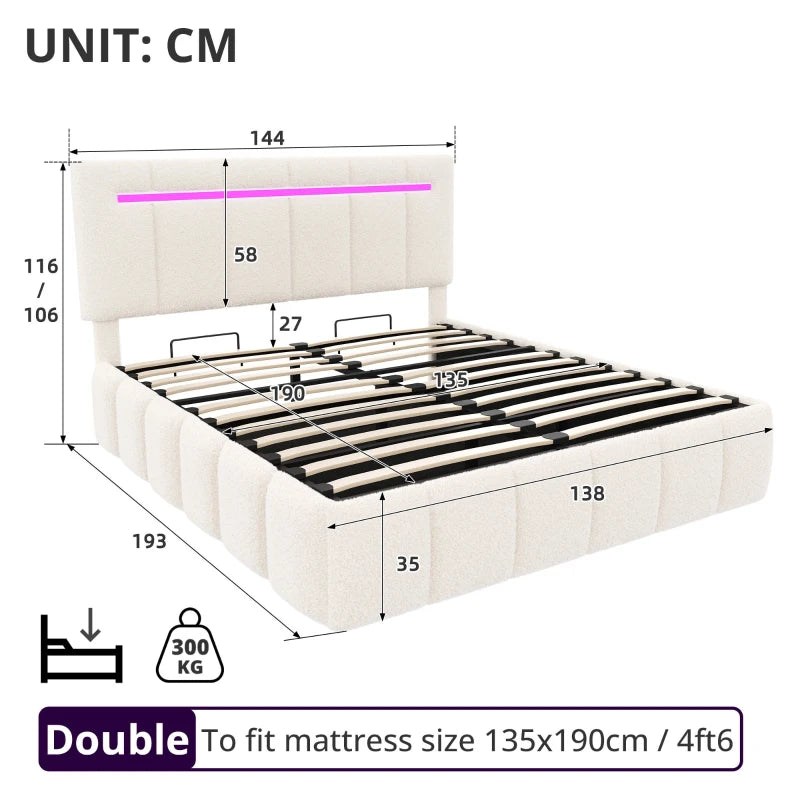 Double Upholstered Bed Frame with Hydraulic Storage and LED Headboard for Modern Bedrooms