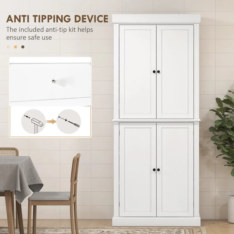 Freestanding Kitchen Storage Cabinet with 4 Doors and 6-Tier Shelving in White