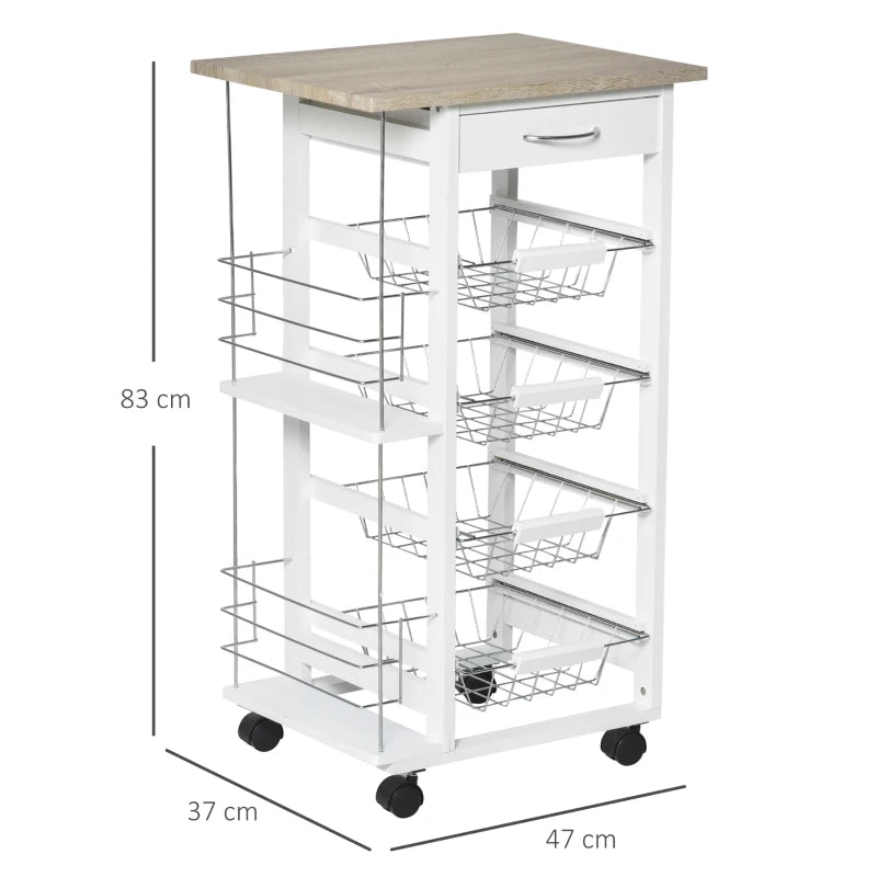 Rolling Kitchen Cart with 4 Basket Drawers & Side Racks - Utility Storage on Wheels for Dining Room - Natural & White