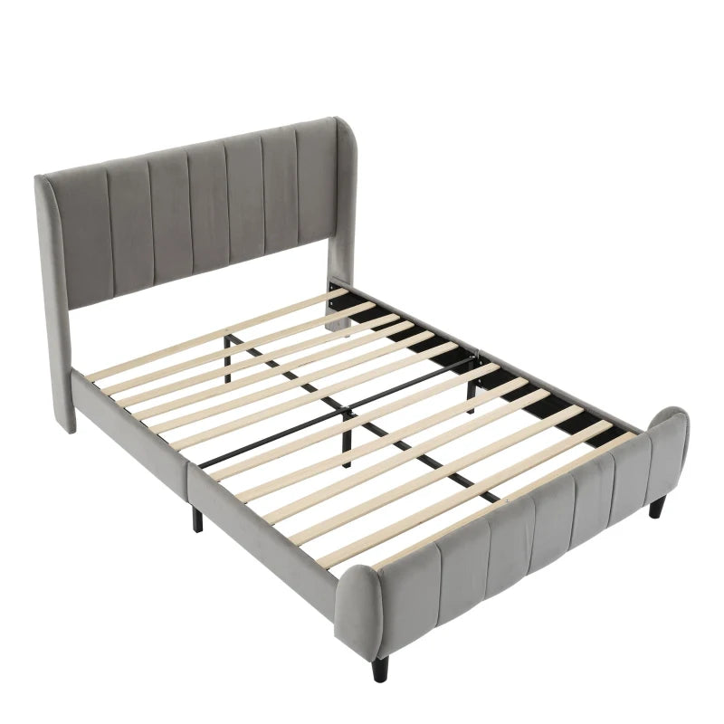 Double Upholstered Bed with Soft Backrest - Vertical Stripe Design, Metal Frame, Gray - 202L x 149W x 103H cm