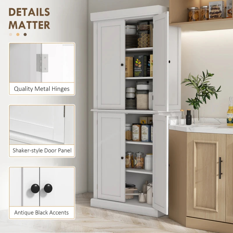 Freestanding Kitchen Storage Cabinet with 4 Doors and 6-Tier Shelving in White