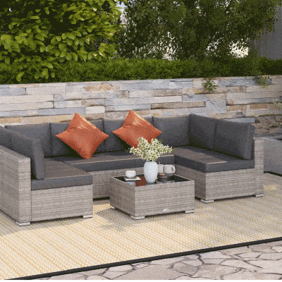 Grey Four-Piece 6 Seater Rattan Corner Sofa Set With Red Cushions