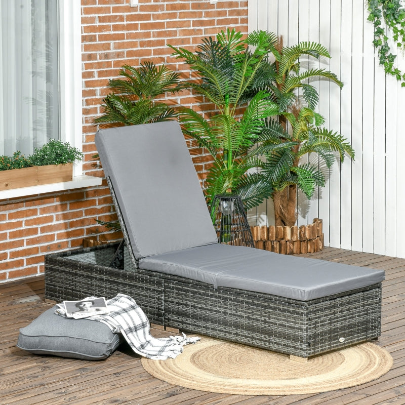 Grey Rattan Sun Lounger with Adjustable Recliner and Cushion