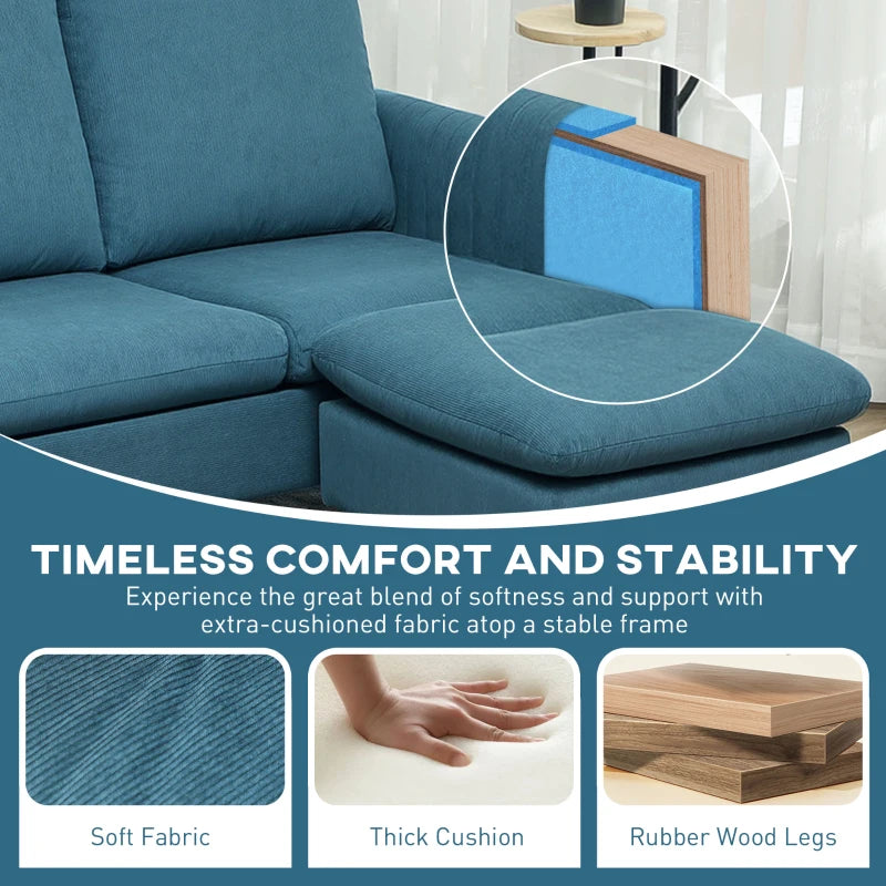 L-shaped 3 Seater Corduroy Sofa with Ottoman and Reversible Chaise for Small Living Rooms, Blue