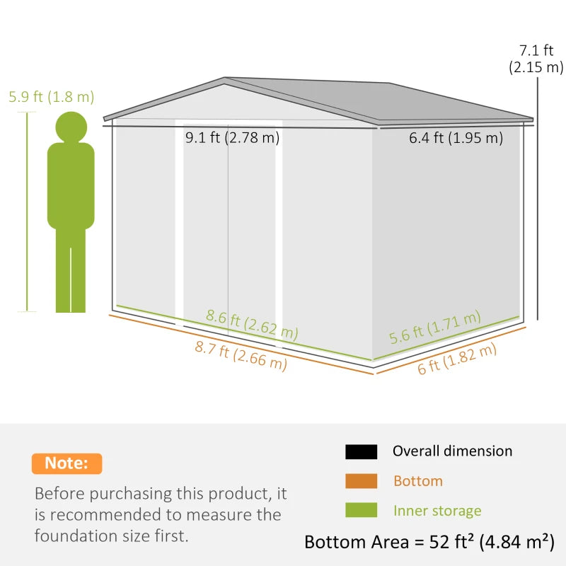 Brown 9ft x 6ft Metal Garden Shed - Garden Tool Storage Space with Vents, Sliding Doors & Sloped Roof