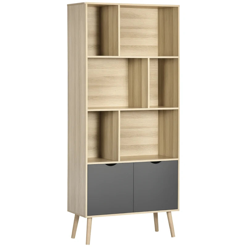 Modern Freestanding Bookcase with Bottom Cabinet & 6 Open Shelves - Stylish Natural & Dark Grey Bookshelf for Home Office & Living Room