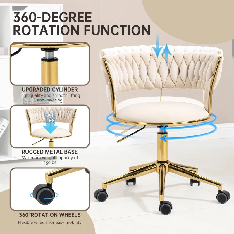 Ivory Velvet 360° Swivel Computer Chair with Backrest, Adjustable Height, 5 Wheels, Stainless Base, 62x62x77 cm