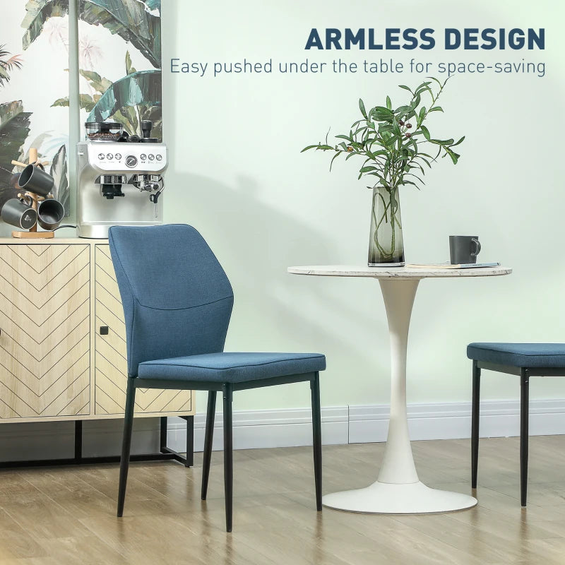 Set of 2 Velvet Dining Chairs - Modern Armless Upholstered Kitchen Chairs with Metal Legs, Curved Back, Padded Seat - Blue