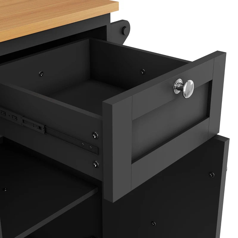 Mobile Kitchen Trolley with 5 Wheels, Drawers & Cupboards - Wooden Food Cart for Kitchen Organization, 129L x 46W x 92H cm, Black
