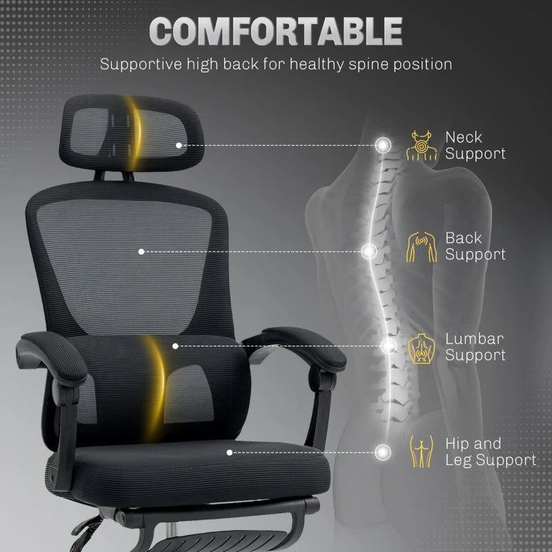 Ergonomic Mesh Office Chair with Adjustable Lumbar Support, Headrest & Footrest - Reclining Executive Swivel Desk Chair in Black