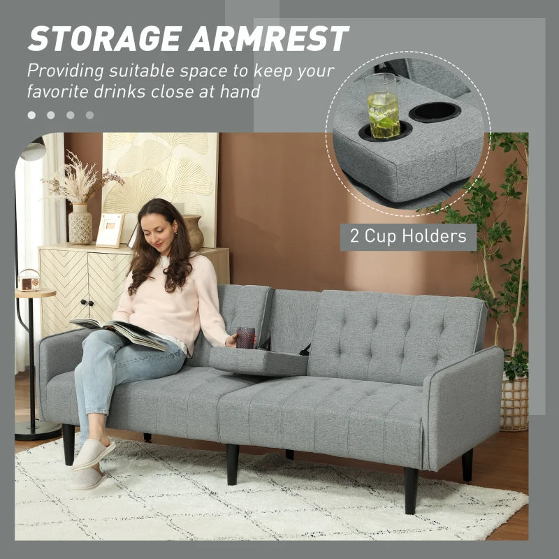 Light Grey Three-Seater Sofa Bed with Cupholders for Comfort and Style