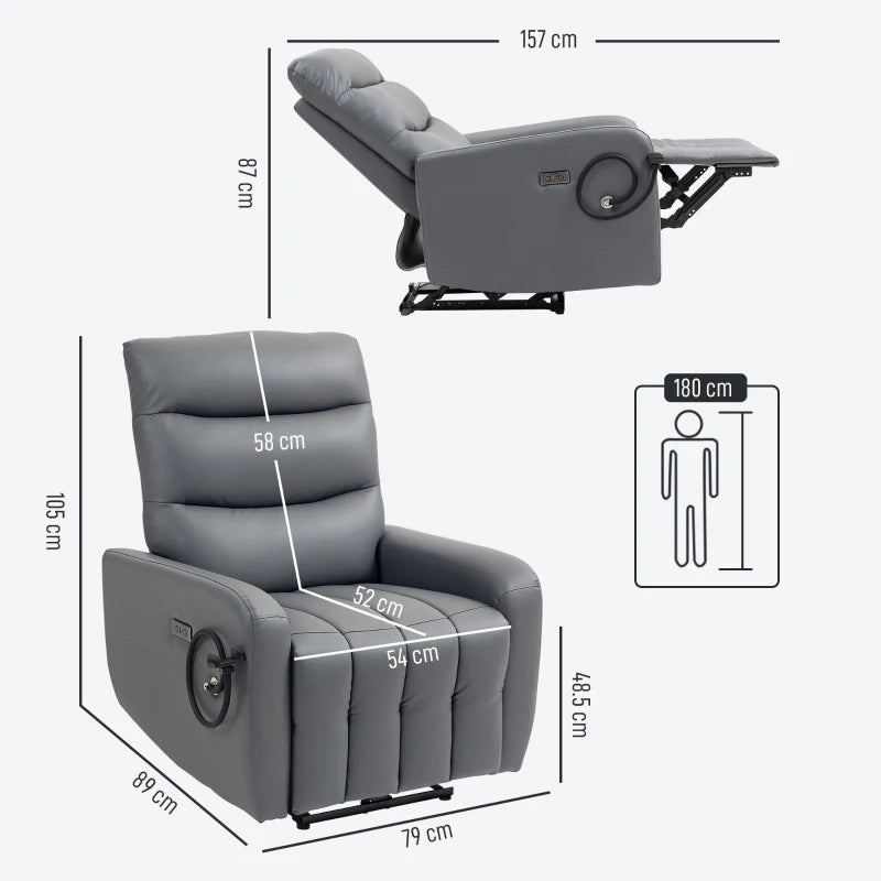 Electric Recliner Armchair with USB and Type C Charging, Phone Holder, Adjustable Leg Rest, Grey PU Leather for Living Room