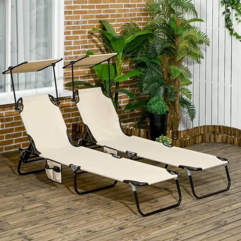 2 Piece Tan Brown Folding Sun Loungers with Canopy - Adjustable Recliner Garden Chairs with Side Pocket, Steel Frame and Breathable Mesh for Outdoor, Pool, Beach, Garden