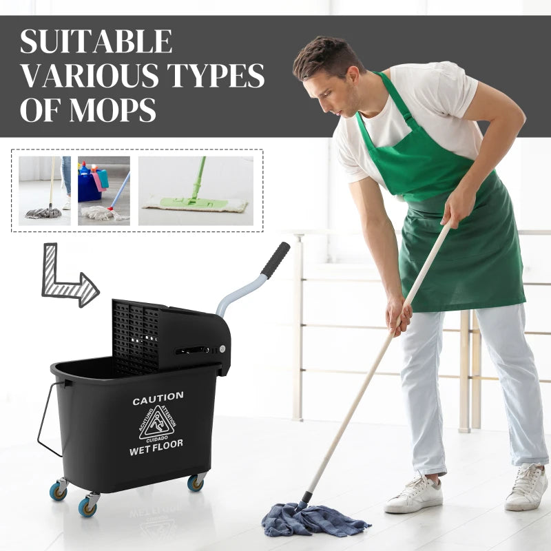 20L Compact Mop Bucket on Wheels with Water Separation Panel - Durable Black Cleaning Solution for Efficient Floor Care