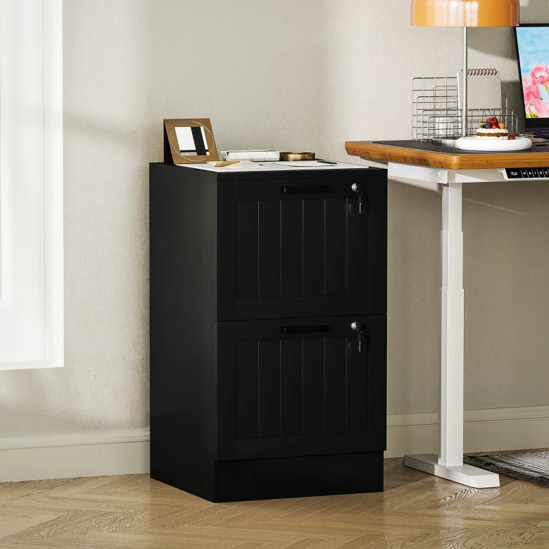 Secure 2 Drawer Filing Cabinet with Lock - Adjustable Hanging Bars for A4 Files - Stylish Black Office Storage Solution