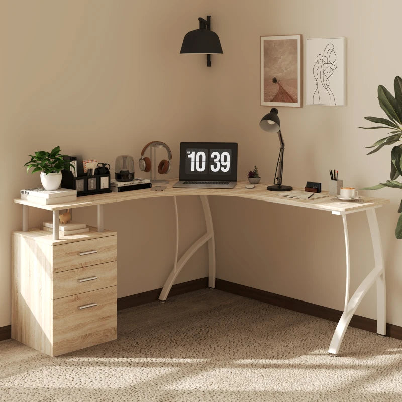 L-Shaped Computer Desk with Storage Drawer - Industrial Home Office Corner Workstation for A4 Files, Oak Finish, 143.5cm