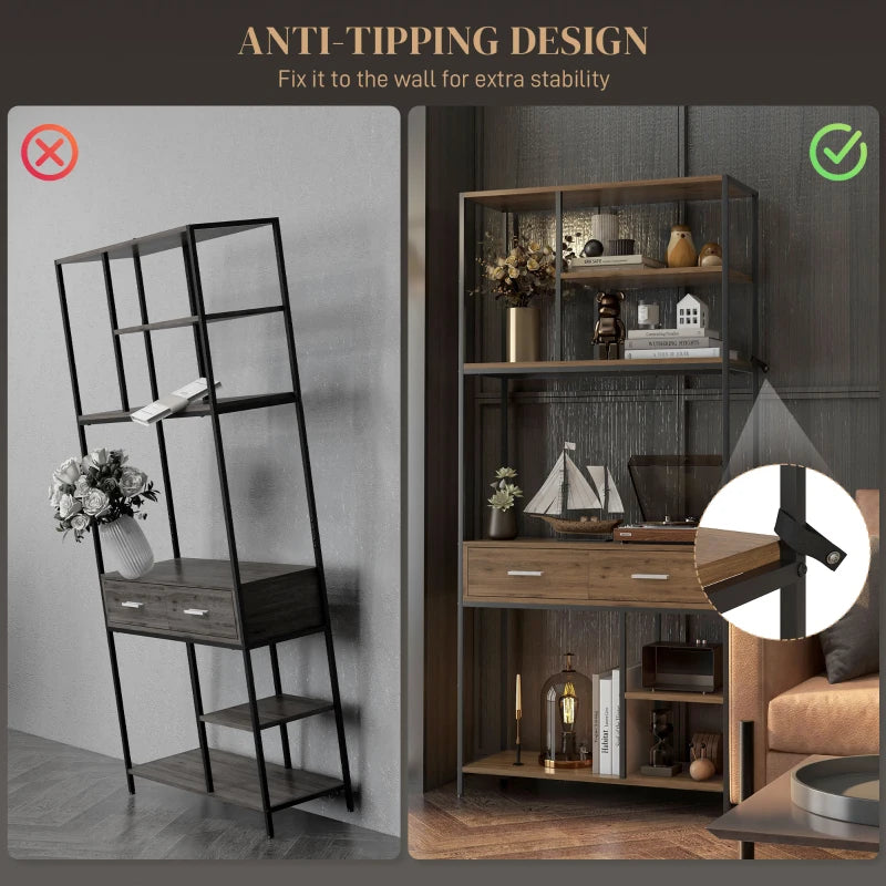 Industrial Seven-Shelf Display Shelf with Drawers - Stylish Brown and Black Storage Solution for Home or Office