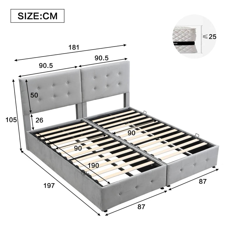 Velvet Upholstered Double Bed with Hydraulic Lift Storage Iron Frame Grey 197x181x105 cm
