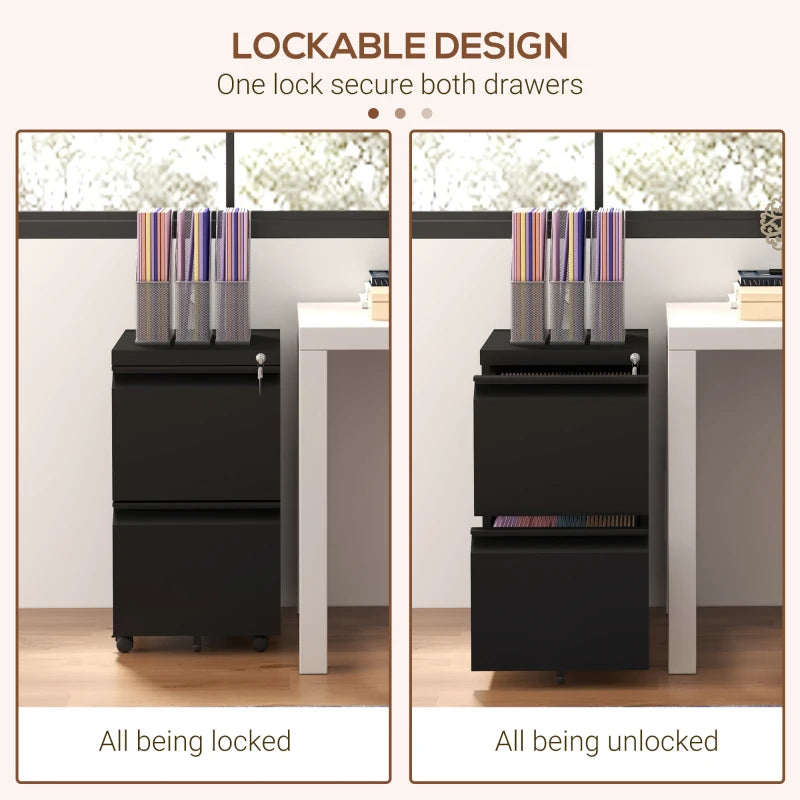 Vinsetto 2-Drawer Mobile Filing Cabinet - Lockable Steel File Storage for Letter, A4 & Legal Size - Pre-Assembled, Black