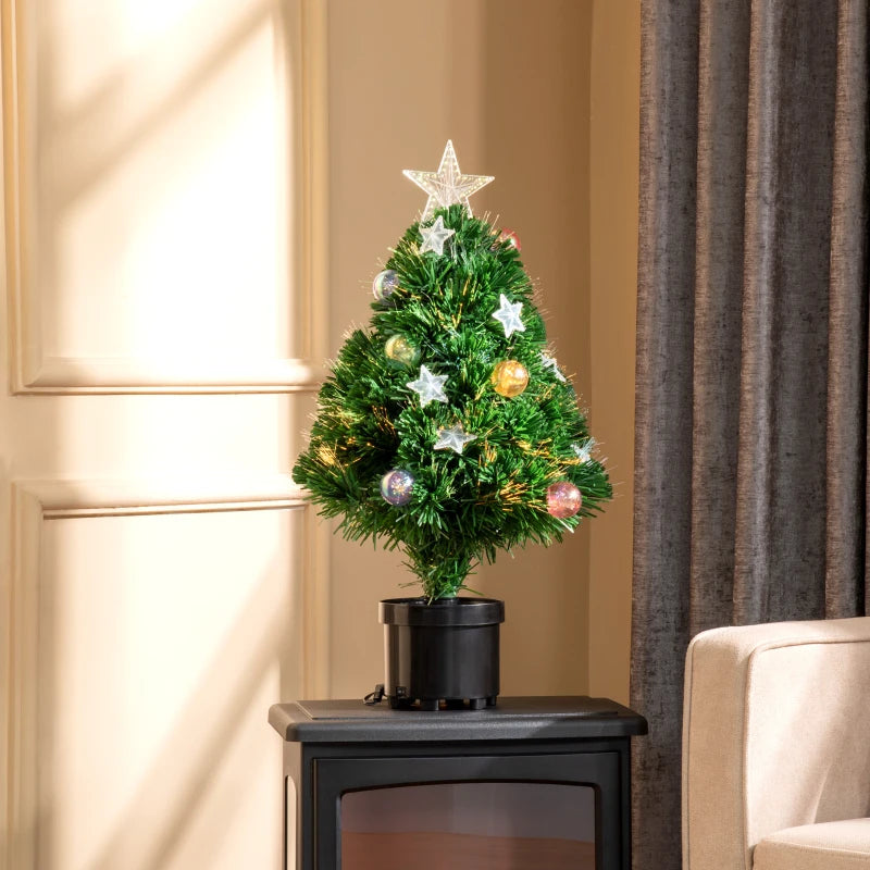 2FT Pre-lit Artificial Christmas Tree - Multicoloured Fibre Optic Xmas Decoration with LED Lights for Table Desk - Green