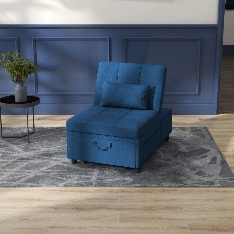 4-in-1 Convertible Chair Bed with Adjustable Backrest, Side Pocket, Wheels and Pillow for Living Room, Blue