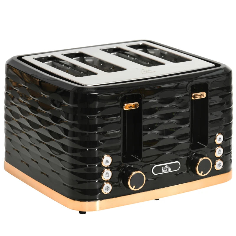 Premium Four-Slice Rippled Toaster in Black - Stylish Design, Fast Toasting, Perfect for Family Breakfasts
