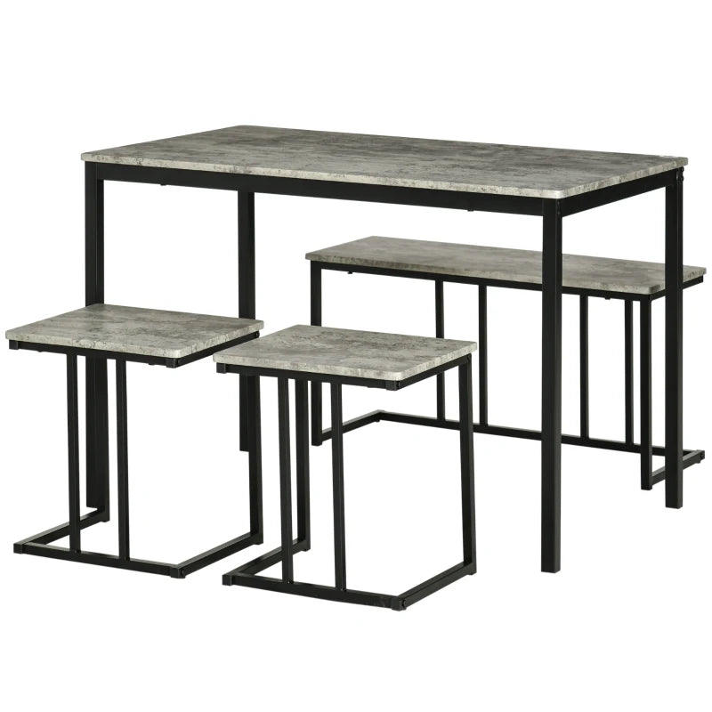 Concrete Effect Dining Table and Chairs Set for 4 - Stylish Kitchen Bench Set with Steel Frame, Grey 4-Piece Dining Room Furniture