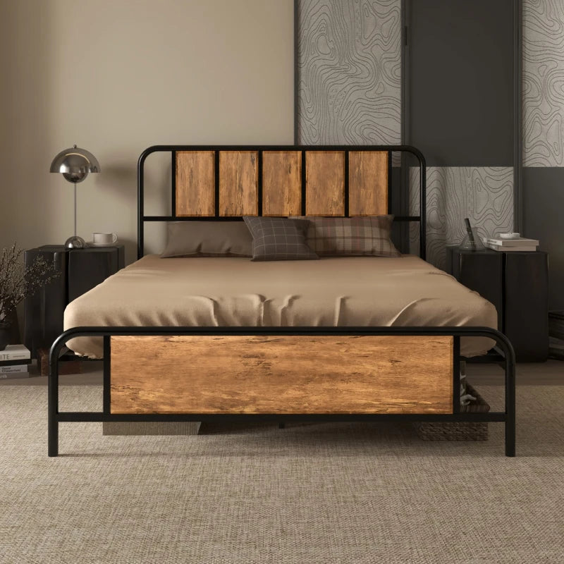 4.8ft Double Bed Frame with Industrial Wood Headboard & Steel Slat Support, 25.5cm Underbed Storage, Rustic Brown, 145x199cm