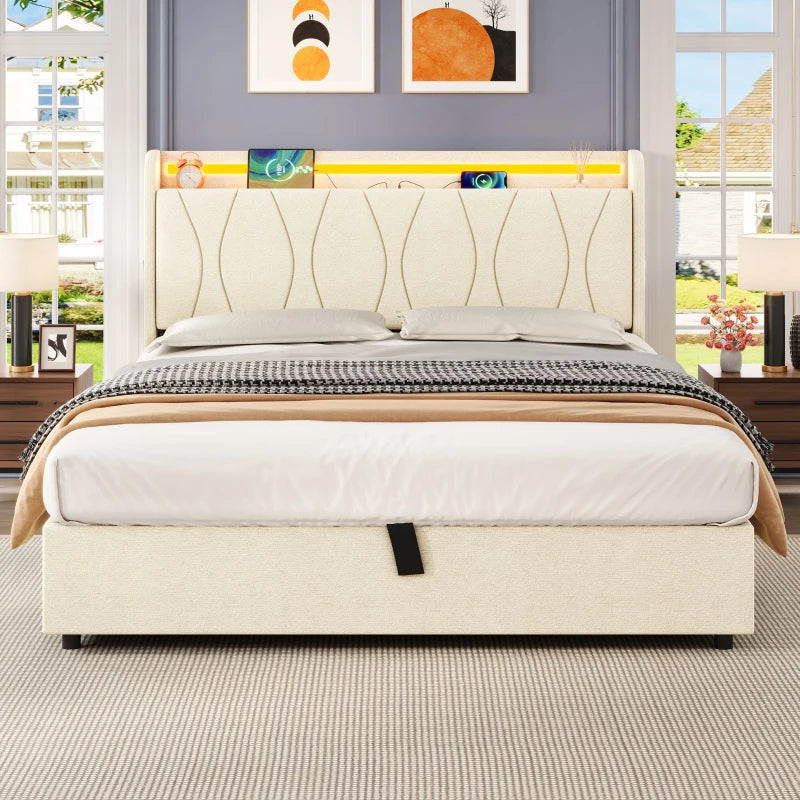 Double Upholstered Bed with LED Headboard & USB Ports - Hydraulic Storage Bed, Beige, 207x136x105 cm - Modern Charging Station