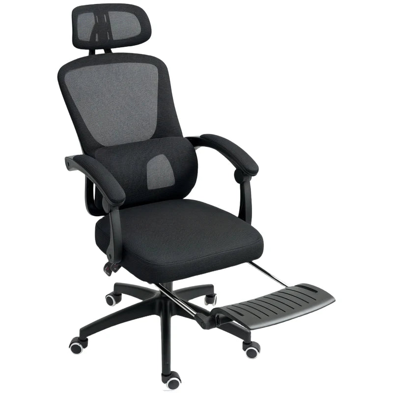 Ergonomic Mesh Office Chair with Adjustable Lumbar Support, Headrest & Footrest - Reclining Executive Swivel Desk Chair in Black