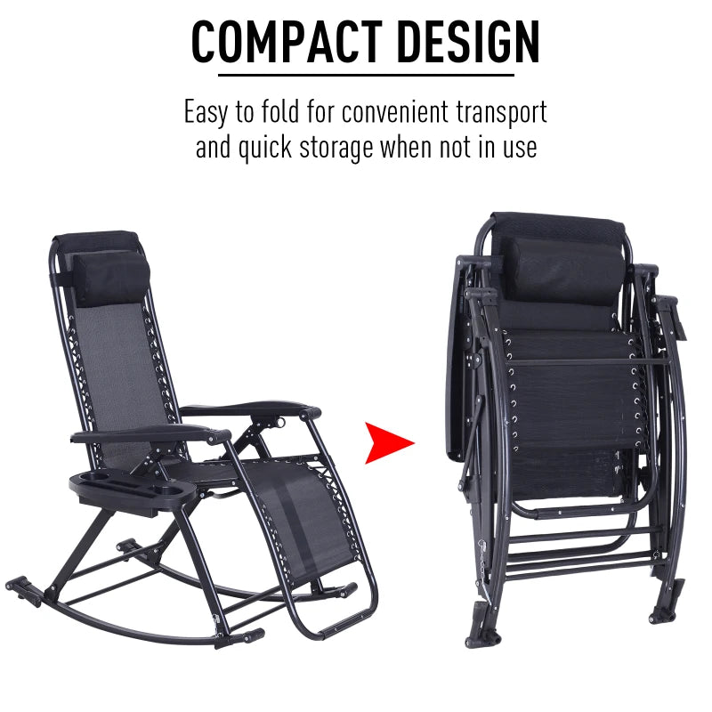Black Foldable Outdoor Rocking Chair with Sun Lounger and Cup Holder