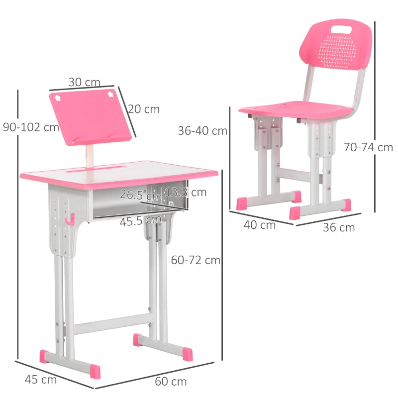 Kids Adjustable Desk and Chair Set with Book Stand and Pen Slot - Stylish Pink Study Furniture for Children