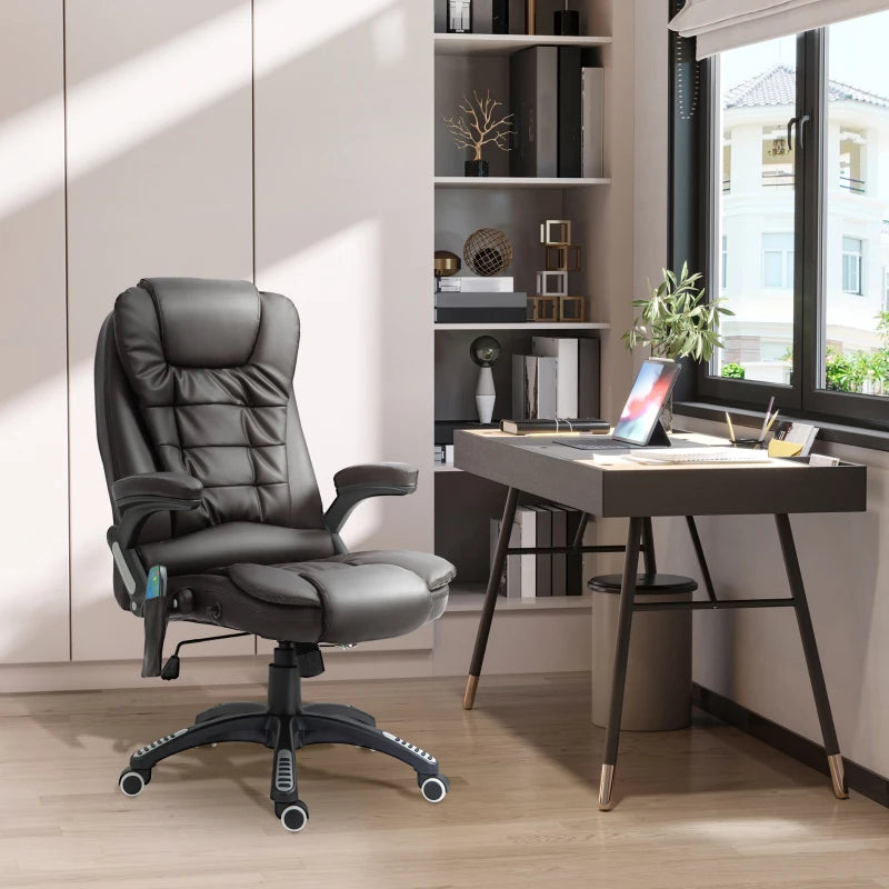 6-Point Heated Massage Office Chair - PU Leather High Back Executive Desk Chair with Adjustable Height & 360° Swivel, Brown