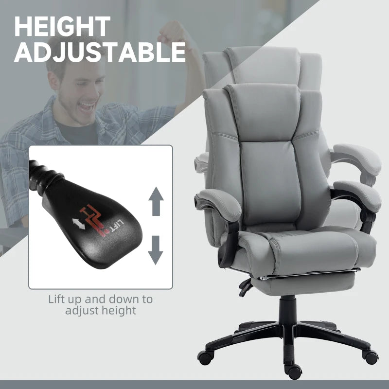 Vinsetto Grey PU Leather Office Chair with Footrest, Swivel Design, Adjustable Height, Wheels - Ergonomic Computer Chair