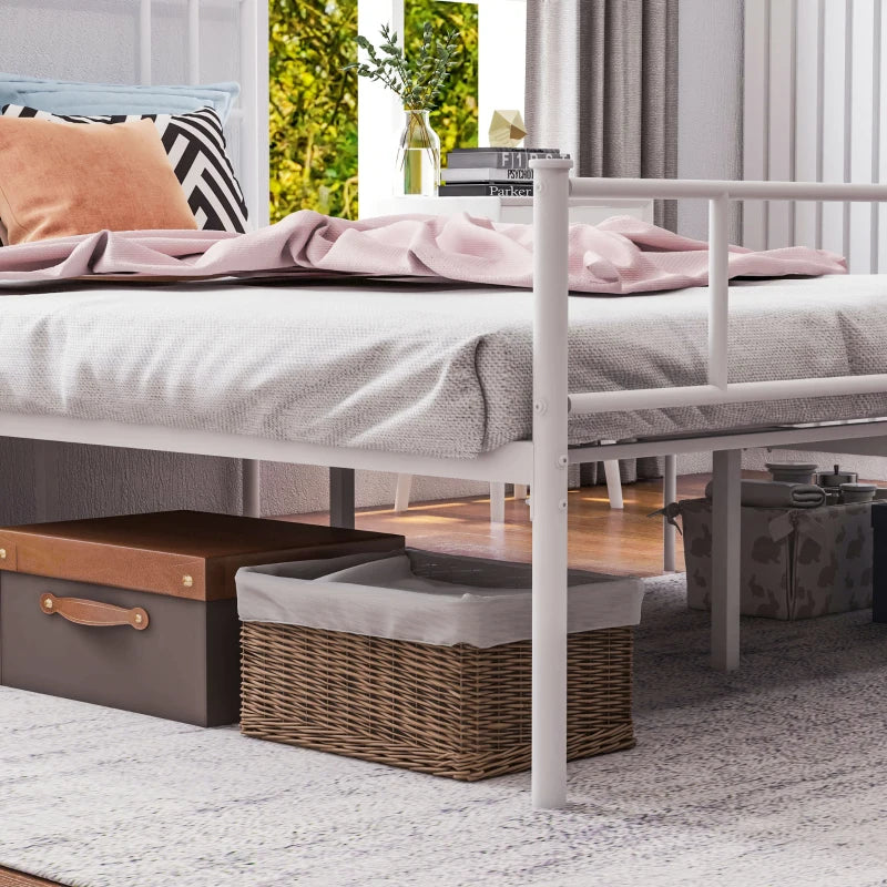 Double Metal Bed Frame with Headboard & Footboard - Solid Slat Support, Underbed Storage, Stylish White Bedroom Furniture