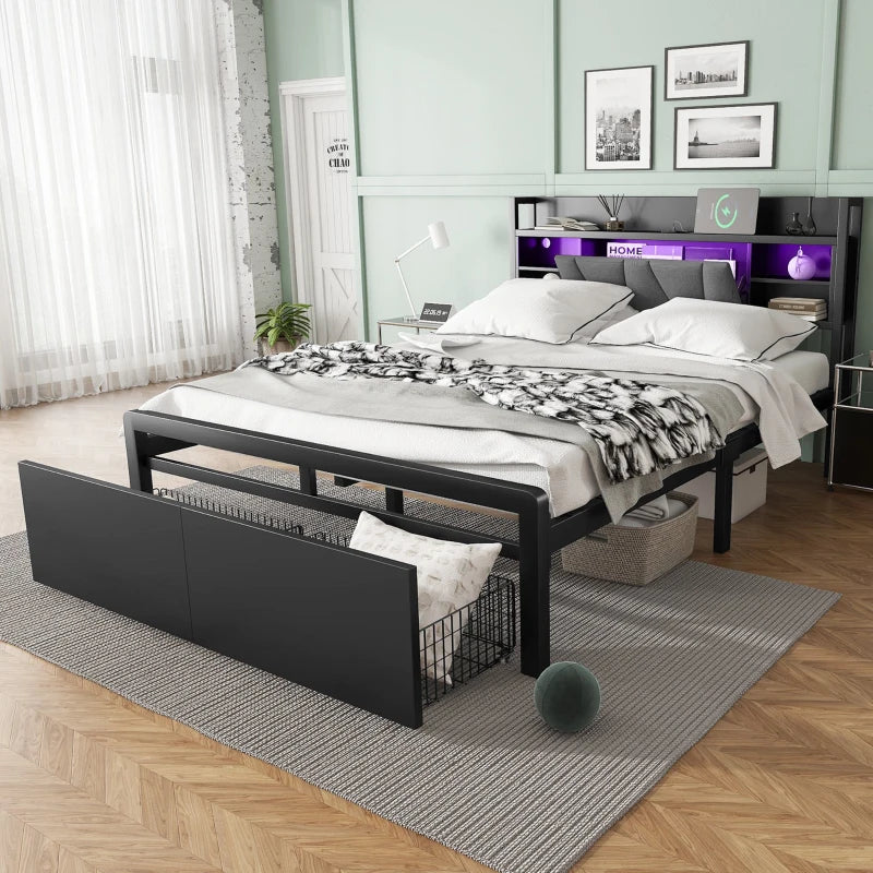 Modern Metal Bed Frame with LED Lights & Charging Ports, Storage Drawers, Padded Headboard, 209x137.5x100 cm, Black