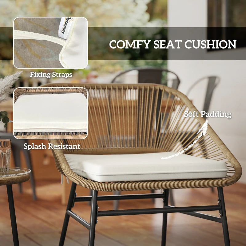 3 Pieces Rattan Bistro Set - Small Garden Table and Chairs with Cushions, Glass Top Coffee Table - Natural Wicker Outdoor Furniture for Patio and Balcony