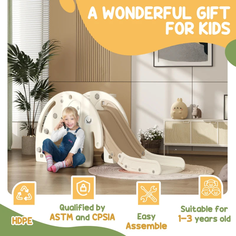 3 in 1 Toddler Slide with Basketball Hoop and Climber for Ages 1-3 Elephant Theme Cream White