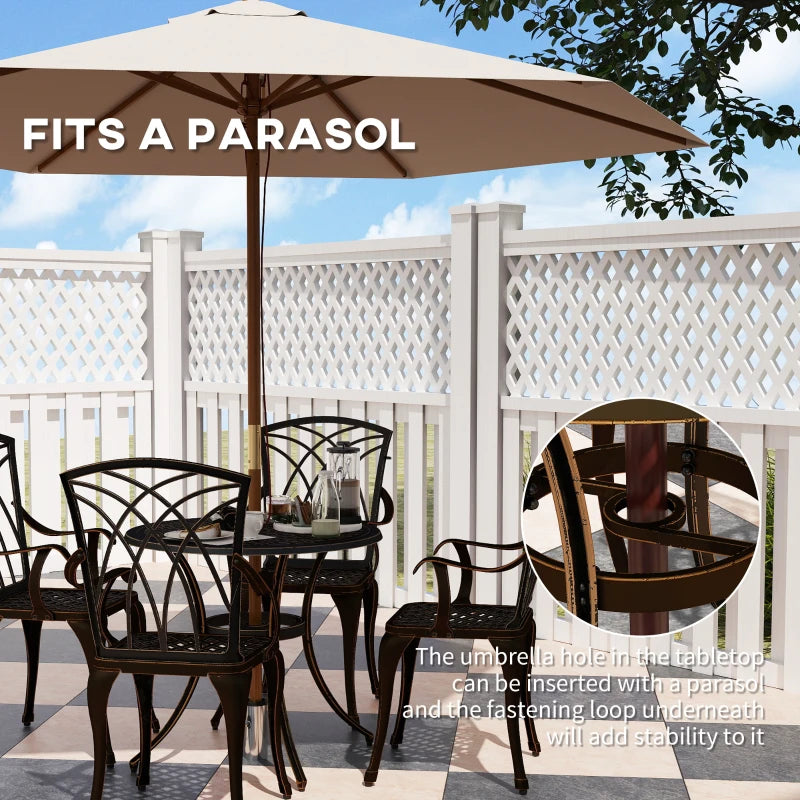 5-Piece Bronze Outdoor Garden Dining Set for 4 - Cast Aluminium Round Table with Parasol Hole and 4 Armchairs