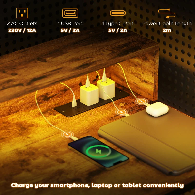 100cm Rustic Brown Computer Desk with LED Lights & Power Outlets, Gaming Table with Monitor Stand & Remote for Home Office