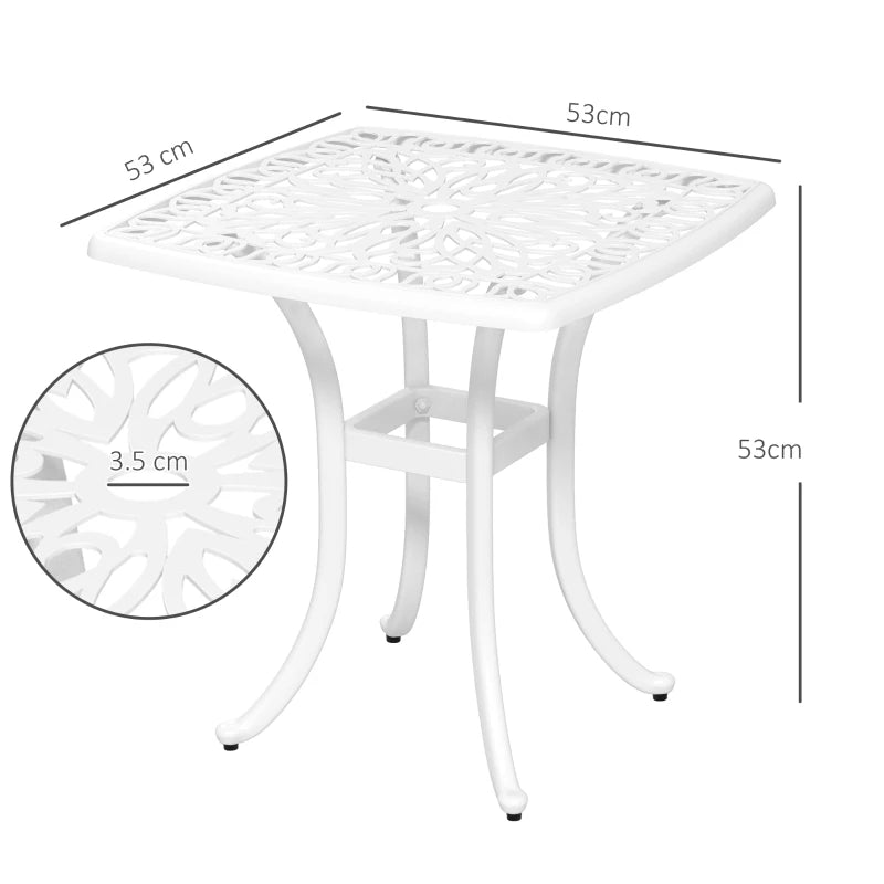 Square White Cast Aluminium Bistro Table with Umbrella Hole - Outdoor Garden Side Table for Balcony (Size: 60cm)