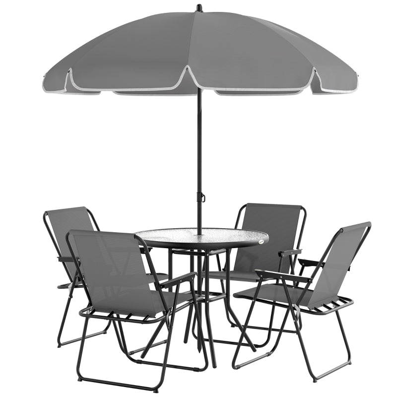 4 Seater Grey Garden Furniture Set - 6 Piece Outdoor Dining Set with Folding Chairs and Round Glass Top Table, Includes Parasol for Patio