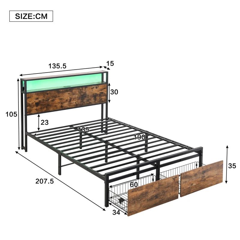Metal Double Bed with LED Light Strip, 4 Drawers & 3 USB Ports - Black & Dark Walnut, 207.5x135x105 cm
